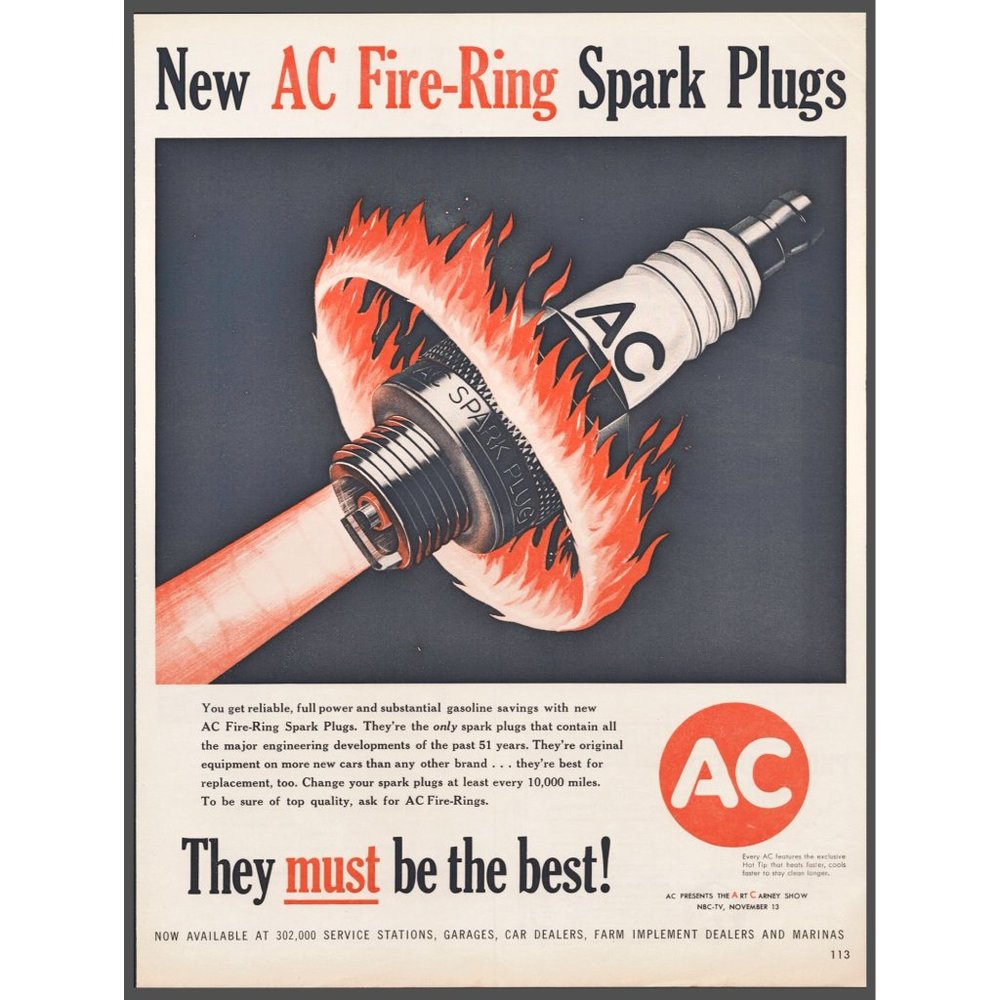1959 AC Fire Ring Spark Plugs Vintage Print Ad Automotive Marine Farm Wall Art